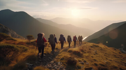 Obraz premium Group of hikers walks in mountains at early morning 
