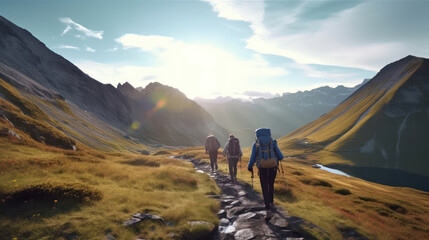  Group of hikers walks in mountains at early morning  - obrazy, fototapety, plakaty