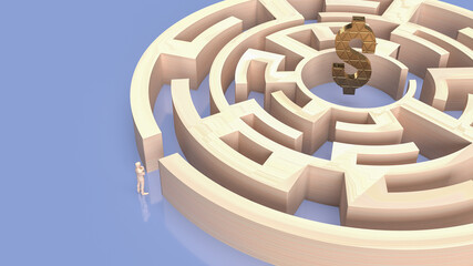 The man and maze to gold dollar symbol 3d rendering