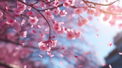 Leafs of sakura tree flew in the air