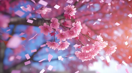 Leafs of sakura tree flew in the air