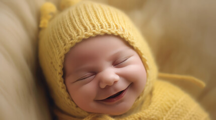 Sleeping newborn smile baby on soft yellow background