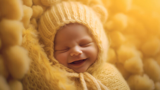 Sleeping newborn smile baby on soft yellow background