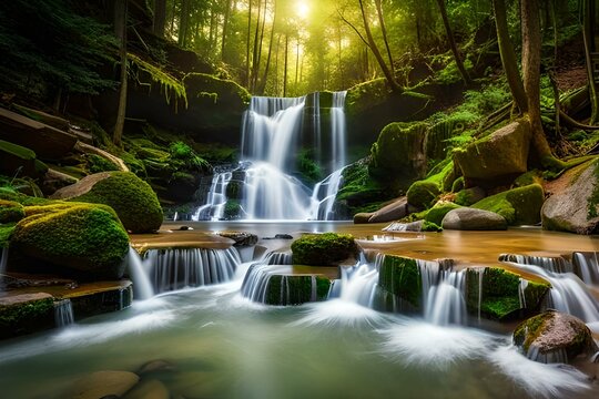 Create a breathtaking, high-definition AI-generated image showcasing the serene beauty of a secluded forest clearing, where dappled sunlight filters through the lush canopy onto a crystal-clear stream