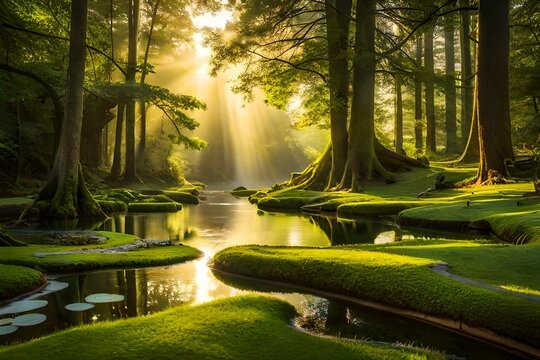 "Create a vivid AI-generated image showcasing the breathtaking allure of a serene forest scene at dawn, accentuating the interplay of light and shadow amidst the lush foliage."