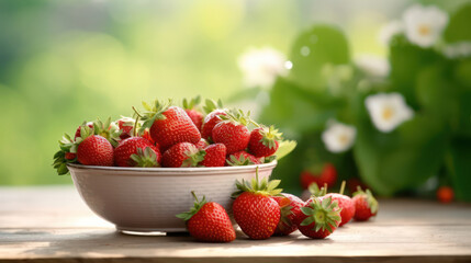 strawberries in a bowl on a small wooden table