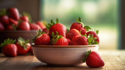 strawberries in a bowl on a small wooden table