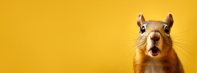 squirrel looking surprised, reacting amazed, impressed, standing over yellow background - obrazy, fototapety, plakaty