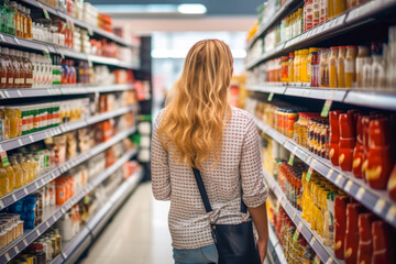 Woman comparing products in a grocery store, considering nutrition, prices, and ingredients, demonstrating informed consumer behavior, generative ai