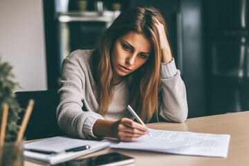 A stressed young woman reviewing her bills, reflecting financial strain during a recession. A poignant representation of personal debt and economic downturn, generative ai