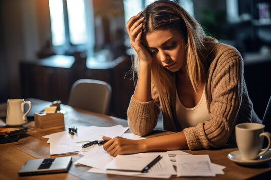 A stressed young woman reviewing her bills, reflecting financial strain during a recession. A poignant representation of personal debt and economic downturn, generative ai