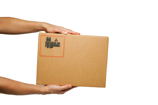 Male hand holding cardboard box isolated on white background,Asian man holding parcel as courier business operator, Delivery service concept.
