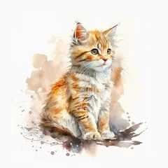 Plexiglas schilderij  Cute red kitten sitting on a white background. Watercolor painting  © kittipon