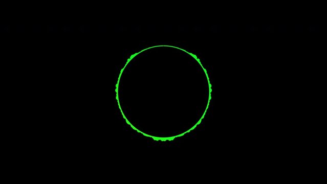 Green graphic circular loop of rhythmic audio frequency sound wave on black background. 
