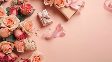 Valentine Day design of a collection of Gift box and pink flowers on pink pastel background