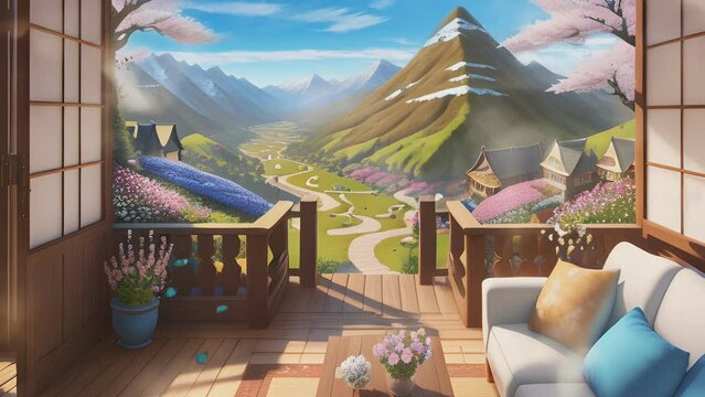 Seamless looping virtual video animation of a Japan house living room with a spring day landscape view through an open door, depicted in an enchanting anime watercolor painting style.