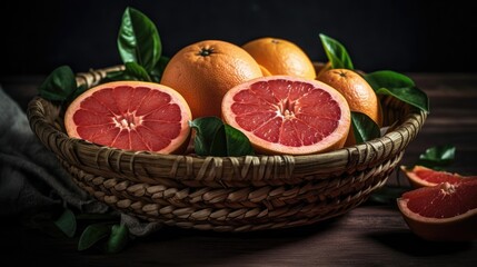 Grapefruits in a bamboo basket on a black background