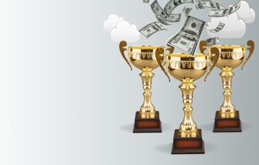 Online sports concept, winner cup and money