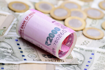 Indian rupee note of 2000 closeup, demonetization