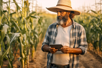 Modern farmer in a middle of corn field using digital tablet to review harvest and crop performance, ESG concept and application of technology in contemporary agriculture practices, generative ai