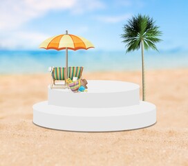 The abstract scene with a podium on beach sand