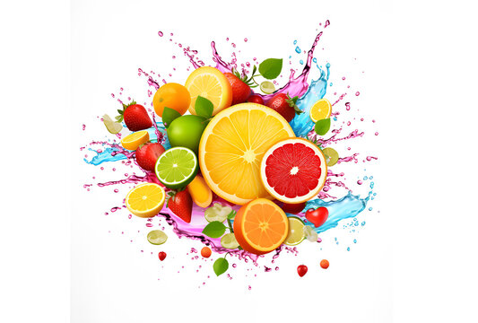 Colorful juice splash with fruits slices. Multifruits drink wave. Isolated design element on the transparent background. Generative AI