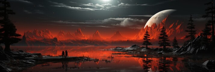 Fototapeta na wymiar A Digital Art Image Exhibiting a Dark Silver Mountain Background - Accented with Crimson and Black, and Highlighted by an Enigmatic Orange Light - Wallpaper created with Generative AI Technology