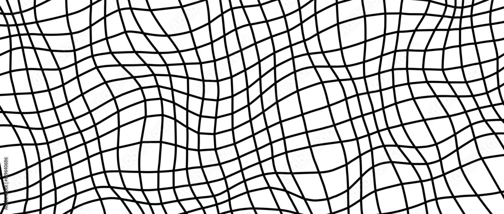 Poster distorted outline wireframe background. abstract wavy checkerboard wallpaper. warped curved grid sur