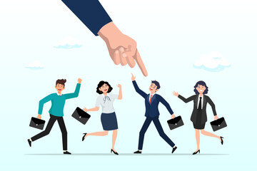 Businessman pointing at chosen candidate, choose candidate for job position, HR, human resources recruitment or hiring new employee, career opportunity or interview, talent or headhunter (Vector)