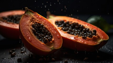 Papaya hit by splashes of water with black blur background - Powered by Adobe