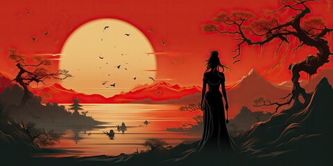 Way of the Warrior Background - A Japanese Minimalist Design - A Samurai Woman's Hero's Quest Wallpaper created with Generative AI Technology
