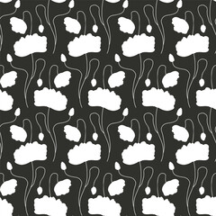 Seamless pattern with abstract poppy flowers white silhouettes on black background