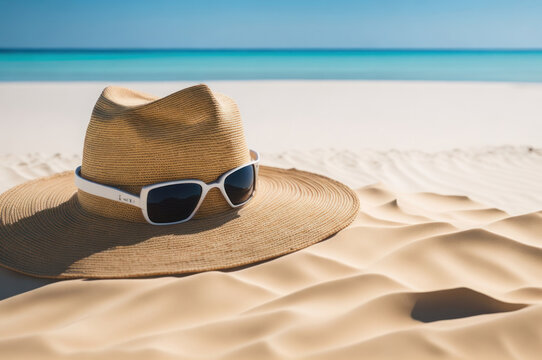 blank Empty Travel hat and sunglasses mockup in sand beach for product presentation and beach background.generative AI