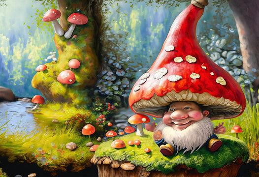 Happy Gnome with a mushroom hat, sitting on top of a red mushroom,