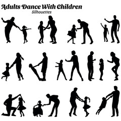 Set of vector illustrations of adult dance silhouettes with children