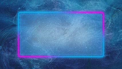 Neon frame. Glowing vapor. Fog cloud. Defocused blue pink color light flare square rectangle on smoke texture abstract geometric background with free space.