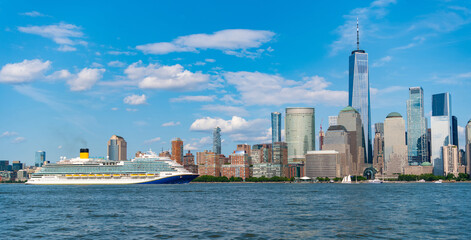 Luxury cruise ship sailing to port on sunrise. cruise boat near New york Manhattan. Floating liner in New York. Vacation on cruise liner in Manhattan New York