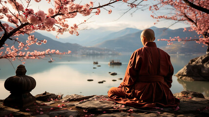 Buddhist monk immersed in meditation, ai generated - obrazy, fototapety, plakaty