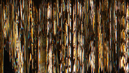 Digital glitch. Blurred noise. Signal distortion. Glowing yellow zigzag lines interference frequency texture on black background.
