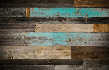 Colorful reclaimed wood surface with aged boards lined up. Wooden floor planks with grain and texture. - 619644632