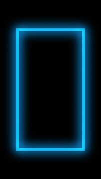 Vertical video. Glowing frame. Neon light background. Blue color fluorescent laser illumination rectangle on dark black abstract geometric advertising empty space.
