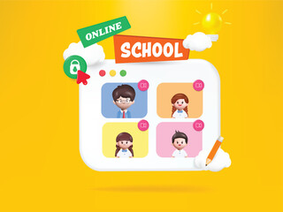 3D Happy cute Students Back to school online education website with video call conferencing. Vector in 3d rendering style.