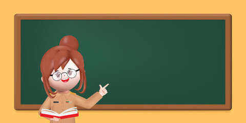 3D cute teacher woman teaching student with a book standing  at blackboard. Vector in 3d rendering style.