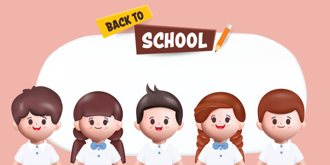 3D Happy cute Students Back to school with stationery. Vector in 3d rendering style.