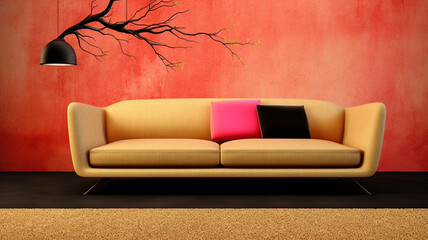 Colorful Illustration of a Couch with Pillows and a Modern Lamp