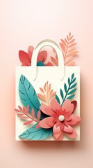 reusable shopping bag leaf background, paper illustration copy space generative ai