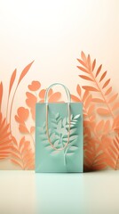 reusable shopping bag leaf background, paper illustration copy space generative ai
