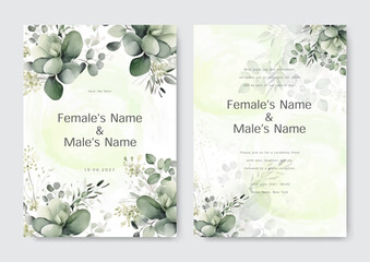 Beautiful green wedding invitation card template with spring leaves and flower
