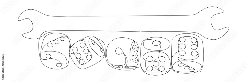Poster one continuous line of wrench and dice. thin line illustration vector concept. contour drawing creat