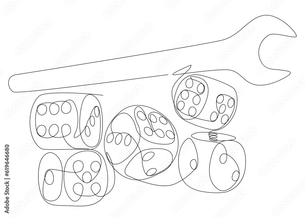 Poster one continuous line of wrench and dice. thin line illustration vector concept. contour drawing creat